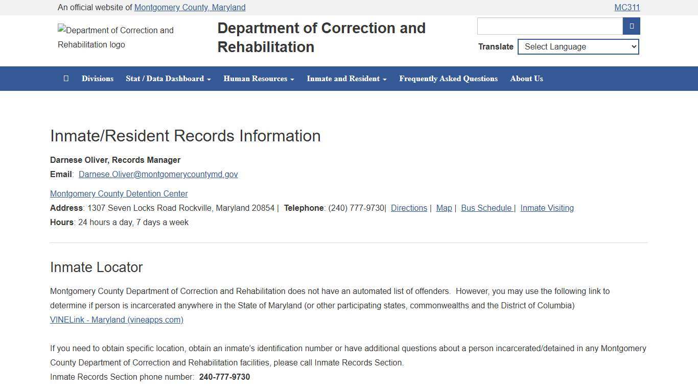 MONTGOMERY COUNTY, MD - DEPARTMENT OF CORRECTION AND REHABILITATION - INMATE LOCATOR